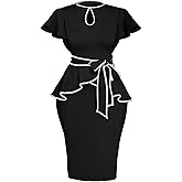 Women's Vintage Bodycon Church Ruffle Sleeve Ruched Dresses Work Midi Pencil Dress