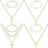NEWITIN 8 Pieces Cross Jewelry Set for Women Gold Cross Pendant Necklace Bracelet Set Collarbone Chain Simple Long Necklace Fashion Gold Jewelry Gift for Women