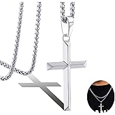 LOFITOR 925 Sterling Silver Cross Necklace for Men Women with 3MM Stainless Steel Strong Durable Wheat Chain 18K White Gold Plated Beveled Edge Crucifix Pendant Necklace Jewelry Present 16-28 Inches