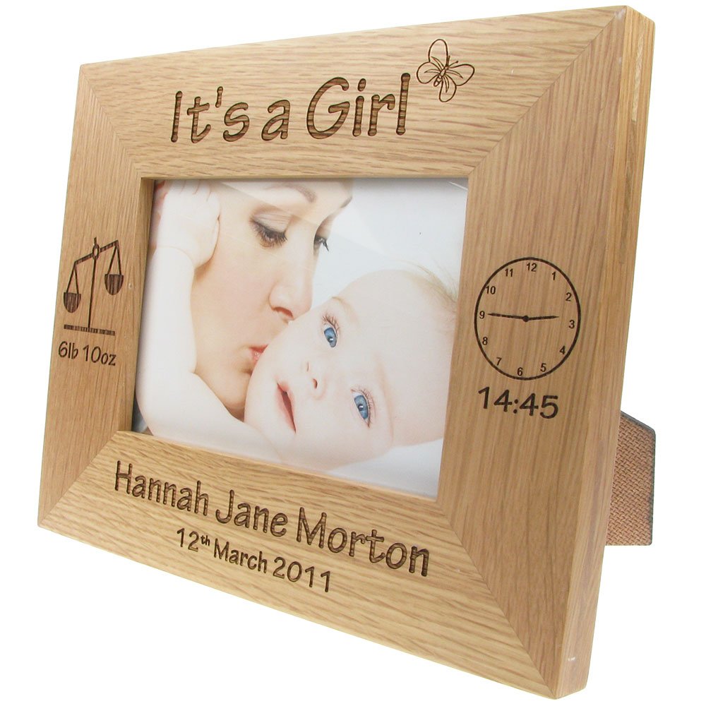 Newborn Baby Girl Gift, Personalised Engraved Oak Photo Frame, New Baby