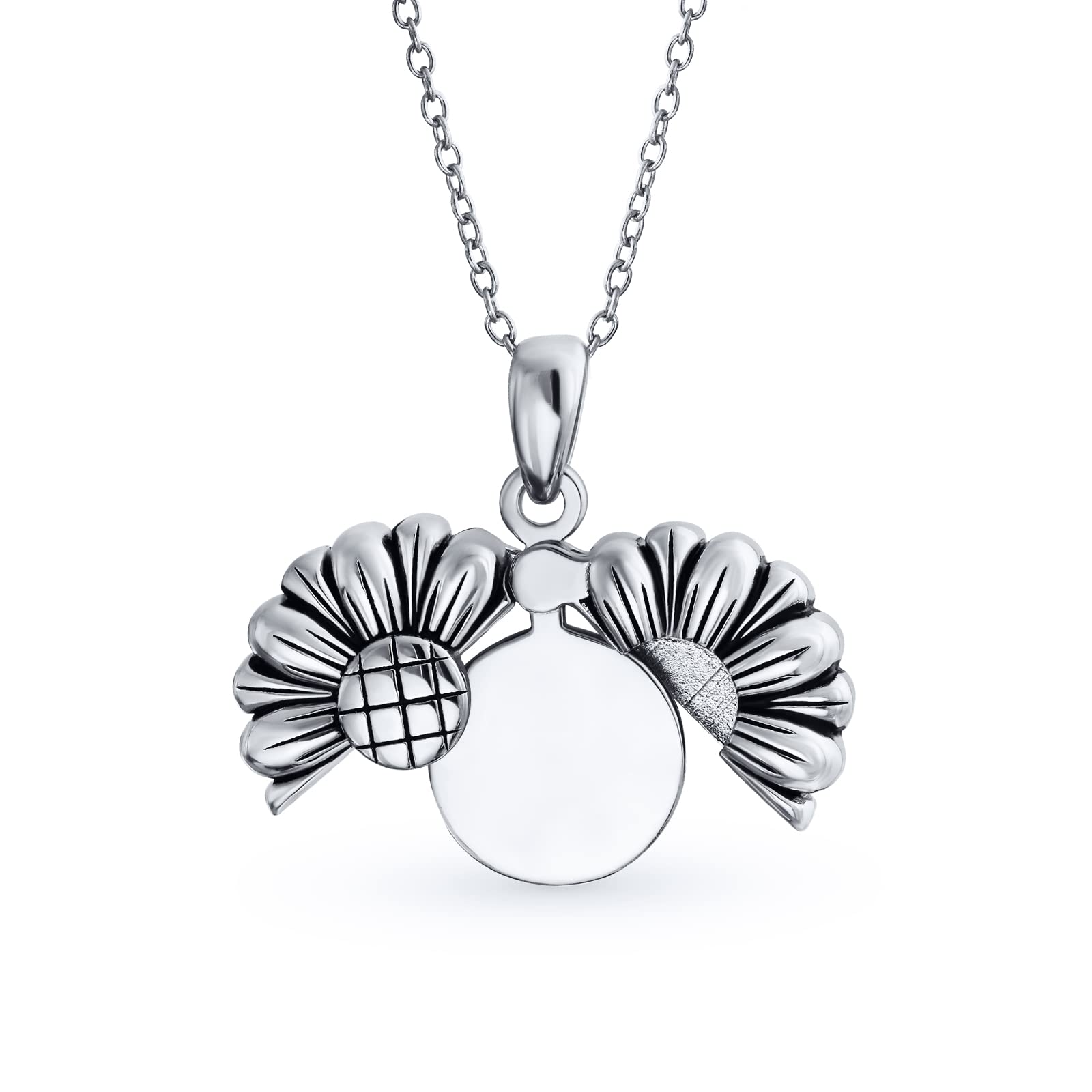 Floral Flower Engrave A Personalize Inspirational Sunflower Open Locket Pendant Necklace For Women Rhodium Plated .925 Sterling Silver
