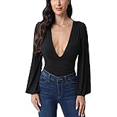 Weigou Women Sexy Long Sleeve Bodycon Slim Fitted Tops Deep V Neck Ruched Bodysuits Leotard Shirts