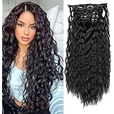 6PCS Clip in Hair Extensions 22" Synthetic Long Curly Wavy Hair Pieces Black Hair Extensions Natural Black Color Thick Deep Wave Hairpieces
