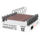 Wooden Pants Hangers with Clips 12 Pack, Heavy Duty Adjustable Clip Non Slip Skirt Hanger for Jeans, Trousers, Short, Clothes, Space Saving Closet Organizer (Black, 12 Pack)