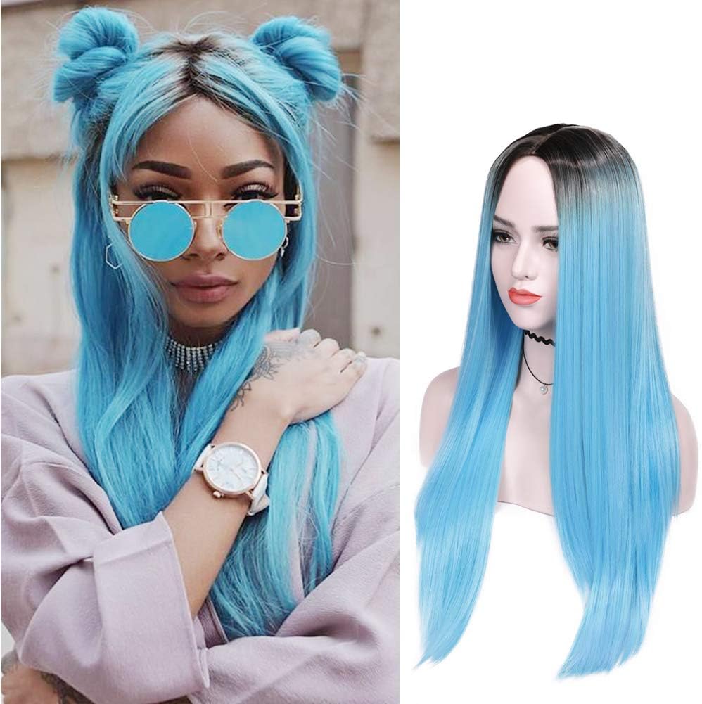 Lady Miranda Ombre Wig Black To Blue Silky Straight High Density Heat Resistant Synthetic Hair Full Wigs For Women (Black&Blue)