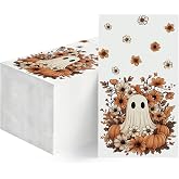 Horaldaily 100Pcs Halloween Paper Napkins, White Ghost Flower Pumpkin | Halloween Theme, for Party Dinner Lunch Kitchen Bathroom, Disposable Decorative Guest Hand Towels