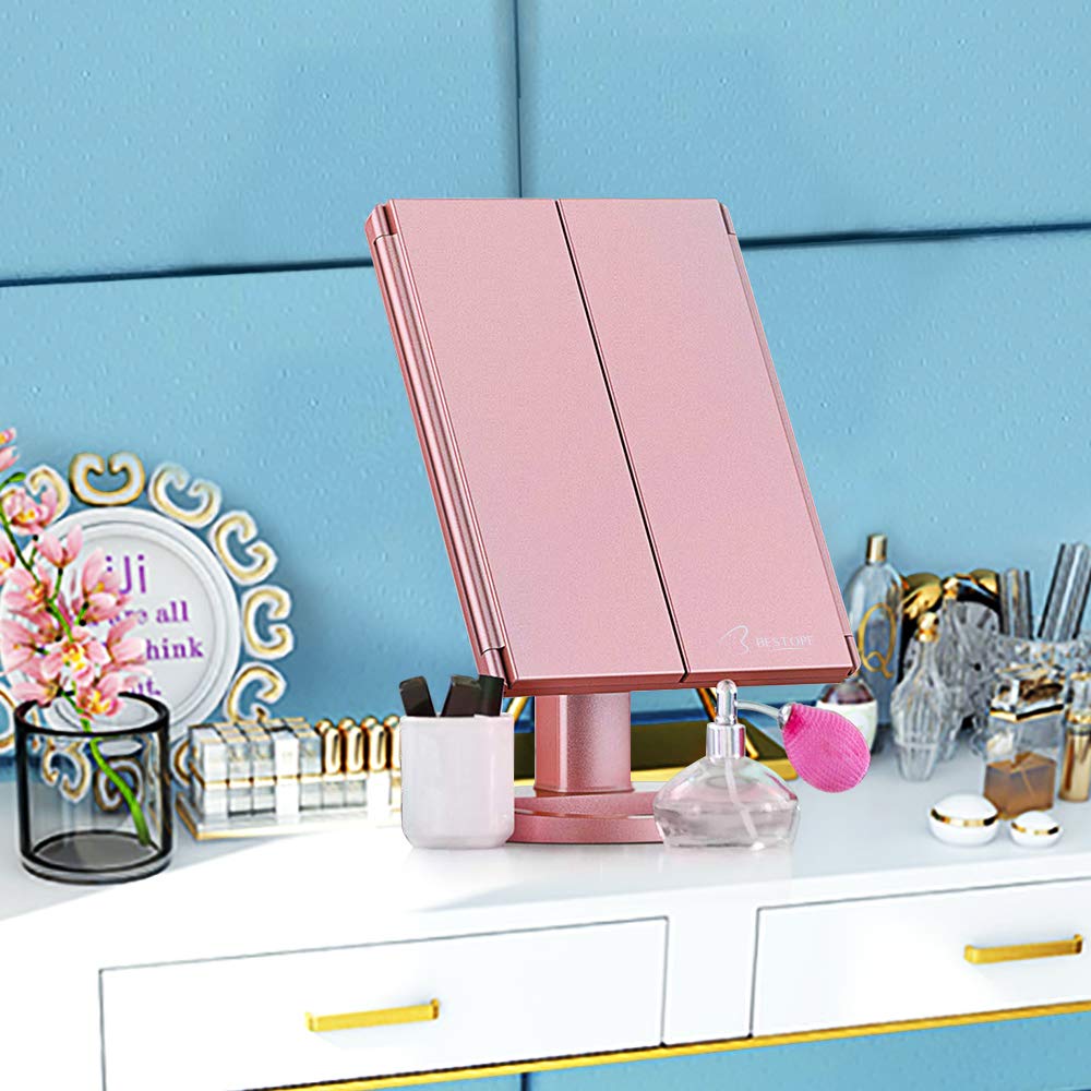 BESTOPE Makeup Mirror with Lights 21 Led Vanity Mirror with 2X/3X Magnification, Touch Screen, Portable Lighted Makeup Mirror 180 Degree Rotation Dual Power Supply : Beauty