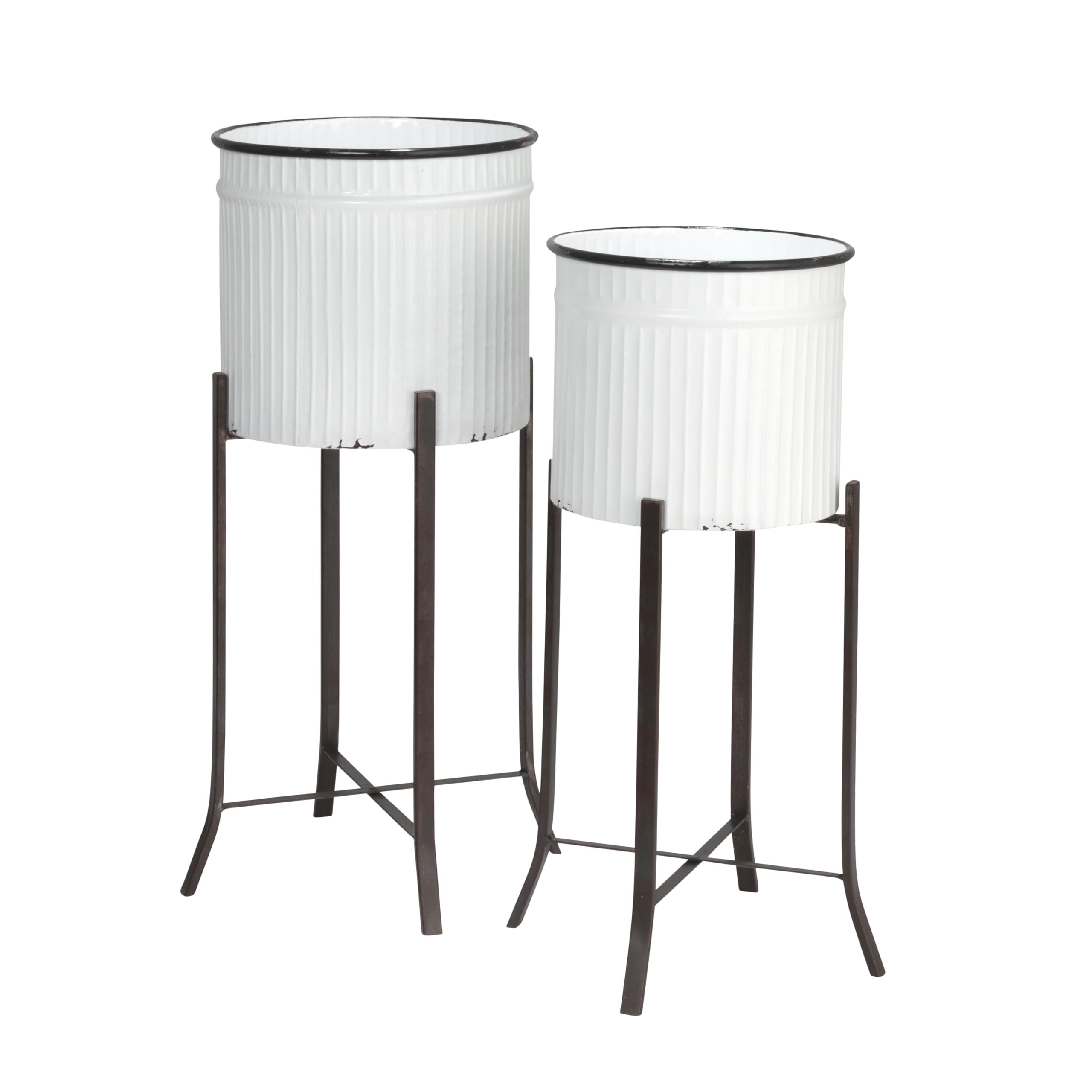 Creative Co-Op Round Corrugated Metal Planters on Stands, White and Black, Set of 2 Image