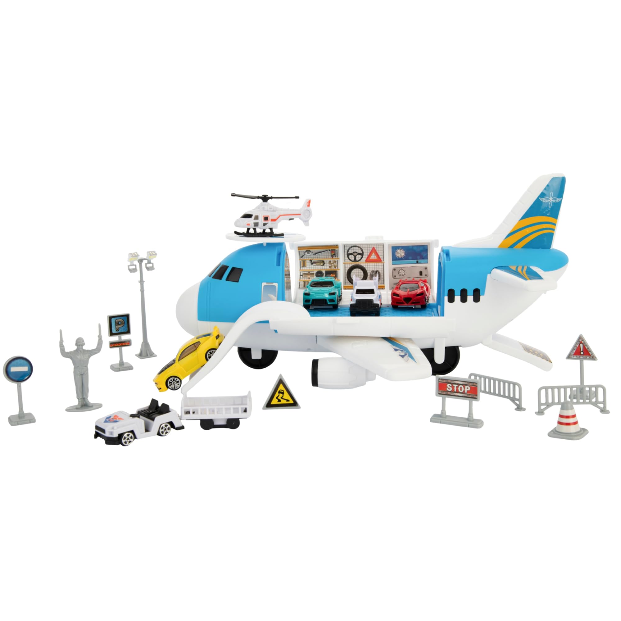 Teamsterz Metro City Aeroplane Transporter Playset | Cargo Plane Toy with Car Storage, Launch Ramp & 16 Accessories | Includes Toy Cars & Helicopter | Vehicle Playset for Kids Ages 3+