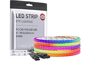 BTF-LIGHTING UL Listed FCOB WS2812 IC RGB COB LED Strip 2M 160LEDs/m 320IC Individual Addressable DC5V 5mm Width Chasing Colo