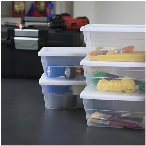 STERILITE STORAGE BOXES, 13.5L X 8W X 4.8H INCHES (34.3 X 20.3 X 12.2 CM), 6 QT, CLEAR WITH WHITE LID, PACK OF 10
