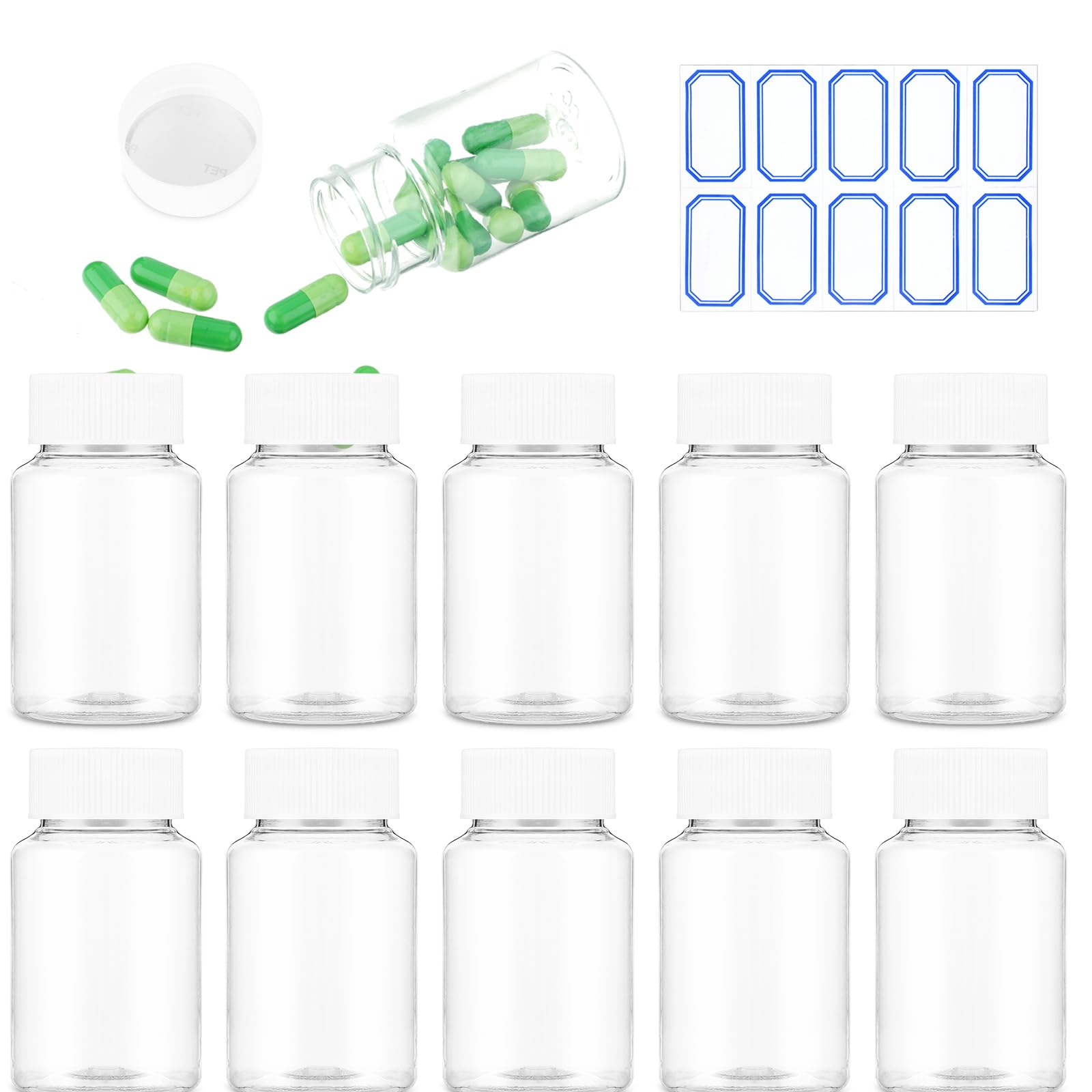 WLLHYF 10 PCS Plastic Clear Bottles 80ML Transparent Pill Bottle Empty Container Refillable Solid Powder Case Reusable Storage Holder with Caps for Dispense Different Items