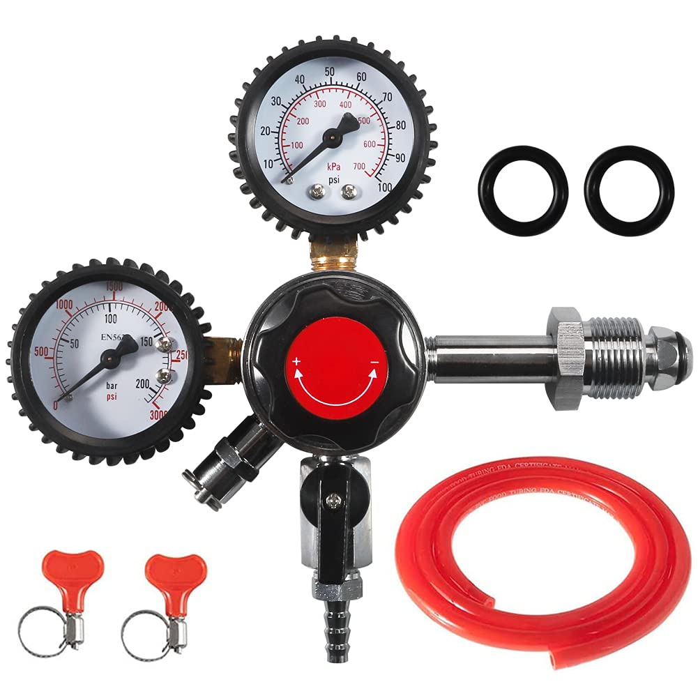 Photo 1 of LUCKEG CGA580 Nitrogen Beer Regulator Dual Gauge Gas Air Pressure Regulator with 0-100 PSI Delivery Pressure Premium Double Gauge Nitrogen Keg Regulator with 5ft Gas Line and Free Worm Clamps