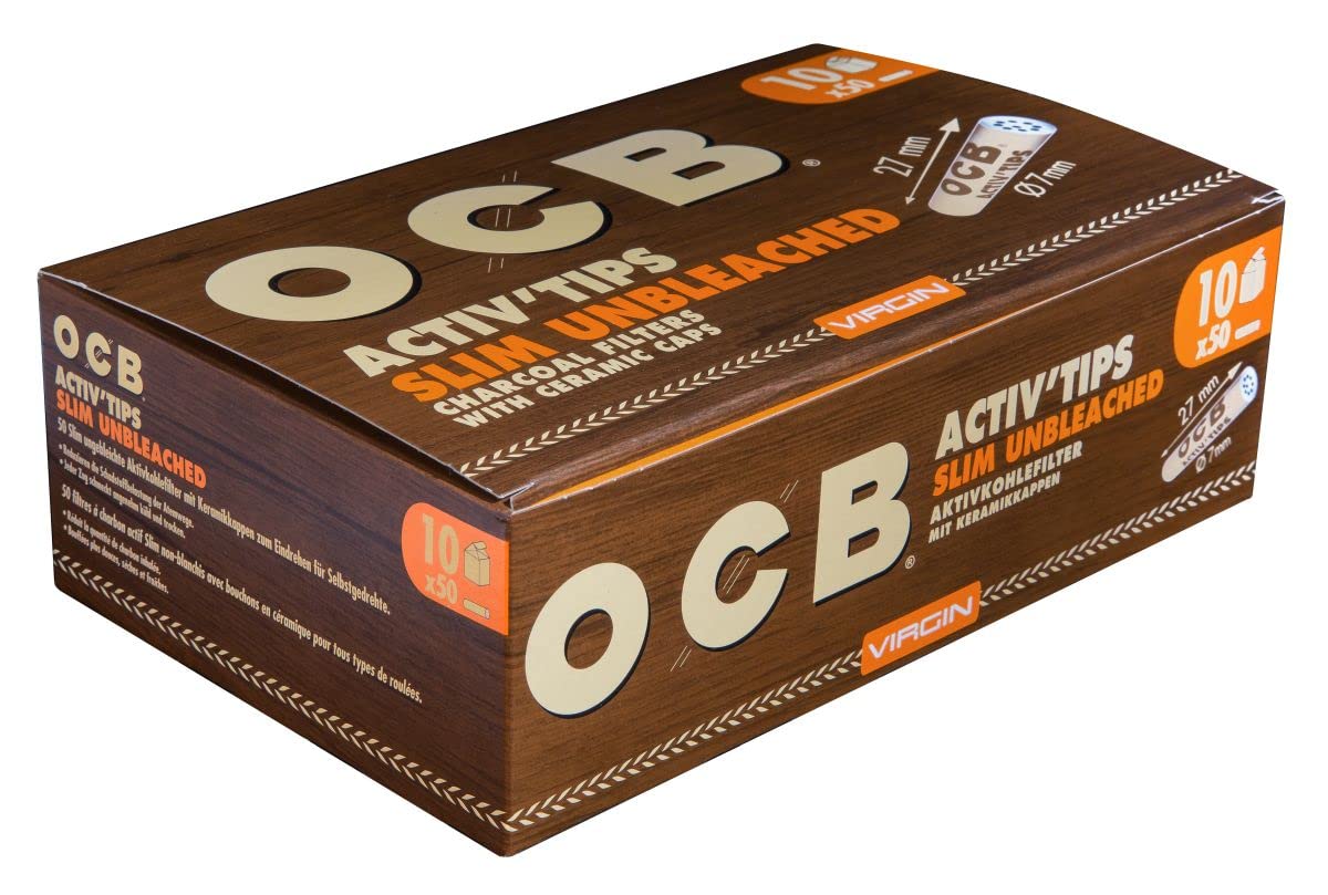 OCB 18657 ActivTips Slim Unbleached-7 mm-Virgin-Activated Carbon Filter with Ceramic Caps-10 x 50 500 Pieces, Paper