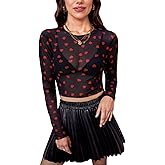 For G and PL Women's Valentine's Long Sleeve Crew Neck See Though Blouse Sheer Mesh Heart Print Crop Tops