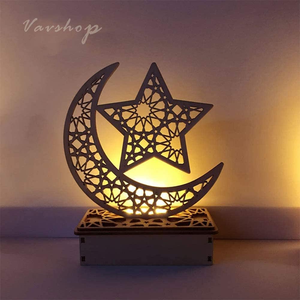 Vavshop DIY Wooden Eid Mubarak Ramadan Moon Star Islam Hanging Pendant Plate with LED String Lights Muslim Gift Home Party Decor (Star, OneSize)