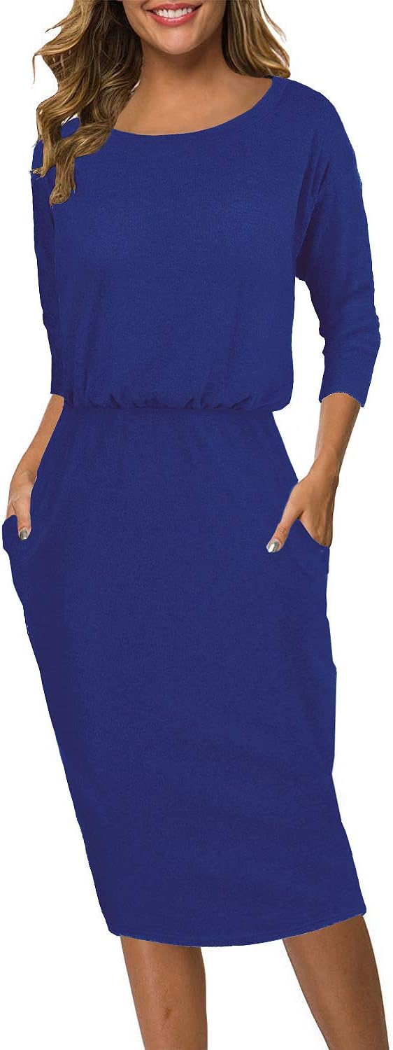 Moyabo Women's 3/4 Sleeve Round Neck Hips-Wrapped Casual Office Pencil Dress
