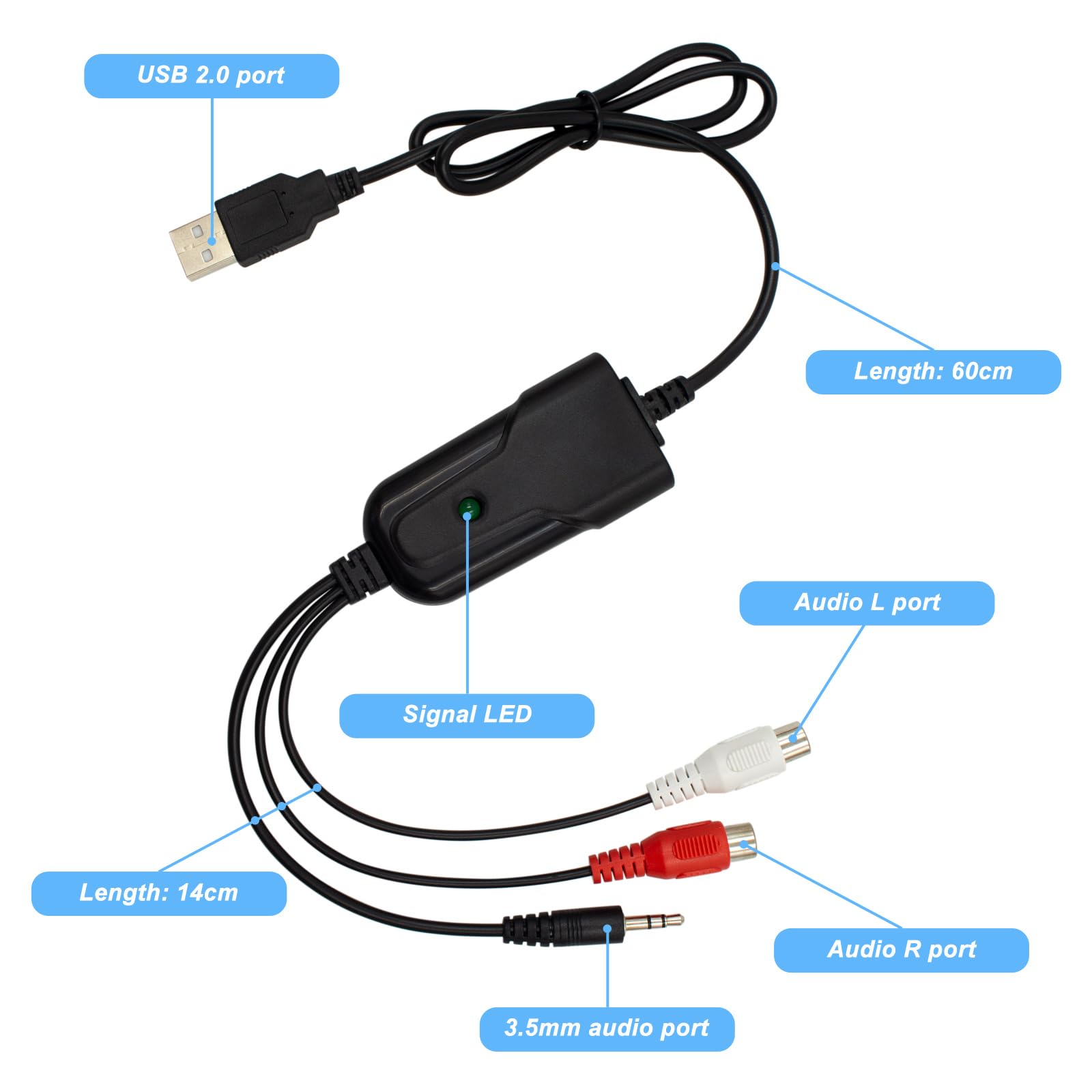 Wiistar USB2.0 Audio Capture Card RCA L/R+3.5mm Audio to USB up to 96kHz Wave/MP3 for Tape MD CD Player Phono Laptop