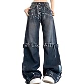 kakarin choyx Fashion High Waist Straight Baggy Jeans for Women Vintage Gothic Leg Drawstring Y2K Scrawl Denim Pants