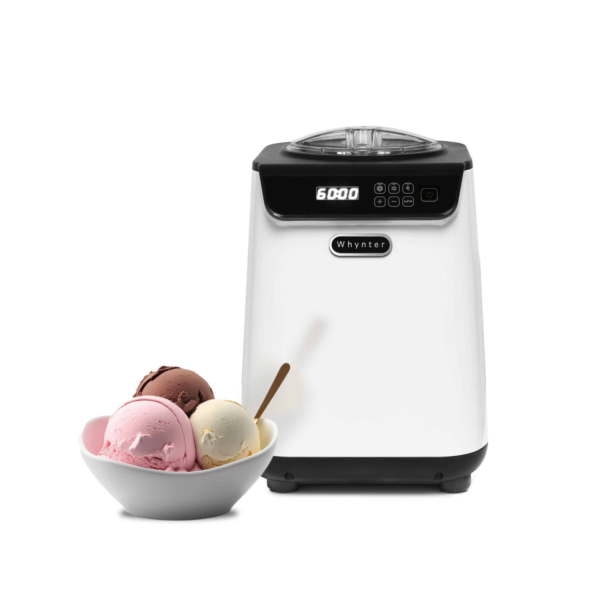 Whynter Ice Cream Maker Machine Automatic 1.28 Qt Upright with Built-in Compressor, LCD Digital Display & Timer, No Pre-Freezing, ICM-128WS, White