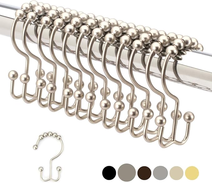 2lbdepot Double Shower Curtain Hooks Rings Brushed Nickel Satin Decorative Finish Premium Rust Resistant Stainless Steel Metal Hook Roller Balls Glide On Shower Rods Set Of 12 Home Kitchen