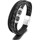 JSNOM Mens Leather Bracelet Gifts: Handmade Braided Genuine Leather Bracelet for Christmas Father's Day Birthday, Cuff Wristbands Black Bracelets Gifts for Men