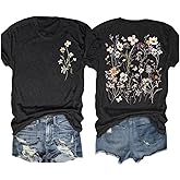 Women's Vintage Flowers Shirt Casual Boho Floral Printed T-Shirt Sunflower Wildflowers Graphic Tees Tops for Girl