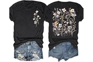 QBILY Women's Vintage Flowers Shirt Casual Boho Floral Printed T-Shirt Sunflower Wildflowers Graphic Tees Tops for Girl