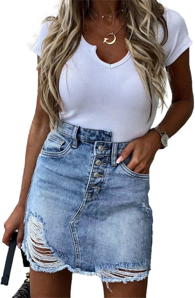 N /A Women 's High Waisted Jean Skirt Casual Washed Pocket Fringed