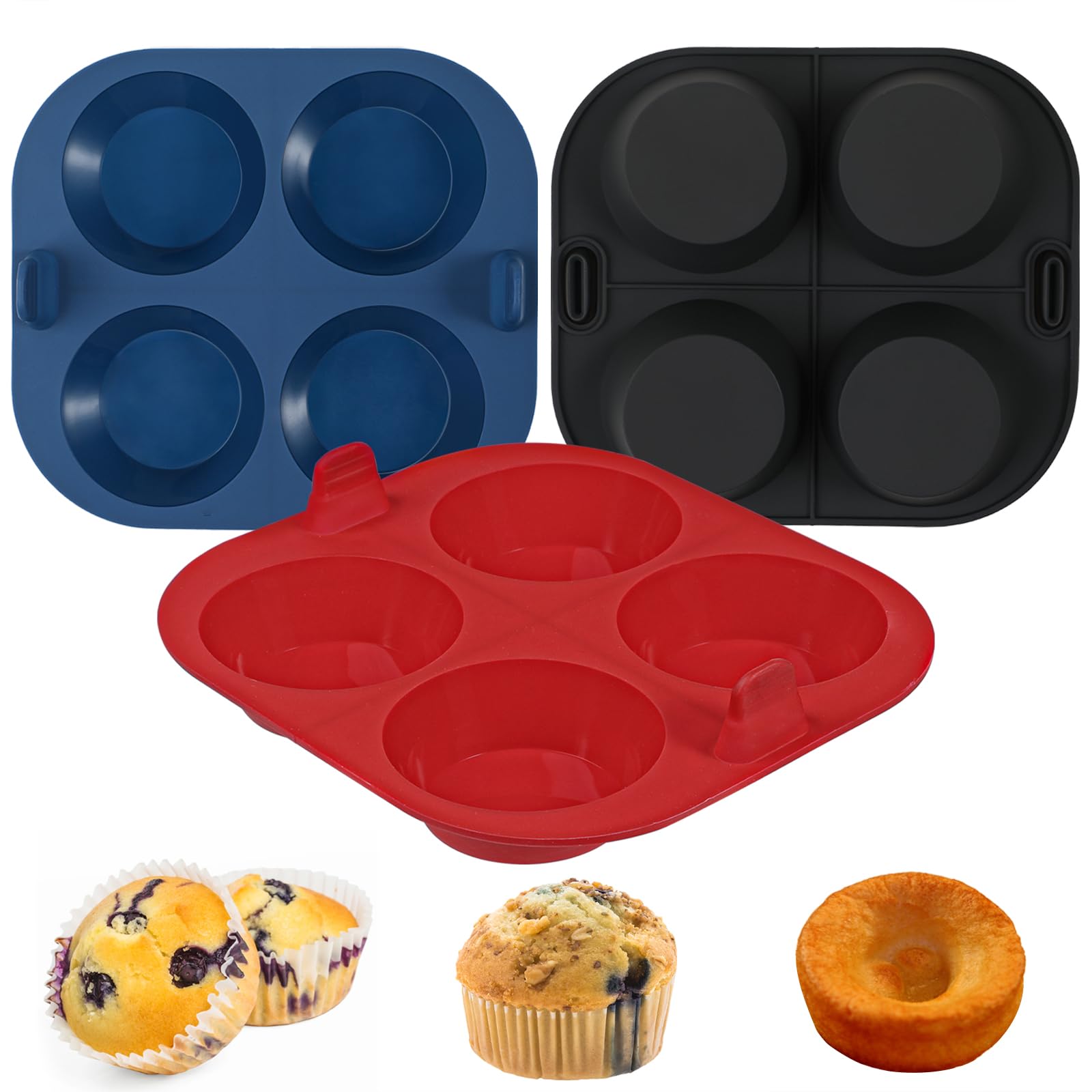 Webake Silicone Muffin Moulds for Air Fryer Muffin Cases 3 Pcs 4-Cup 7 cm Muffin Cupcake Baking Mould for Yorkshire Pudding Pies, Cupcakes, Muffins