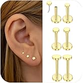 3Pairs 14K Gold Plated Disc Threadless Studs Earrings for Women, Surgical Steel Labret Studs Lip Rings, Push in Flat Back Nose Nostril Tragus Helix Piercing Jewelry for Women 18G