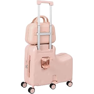 PlayNeew 20 Inch Kids Ride-On Luggage, Ride-On Suitcase with Detachable Carry-On Case, Hidden Cup Holder & Foldable Footrest,