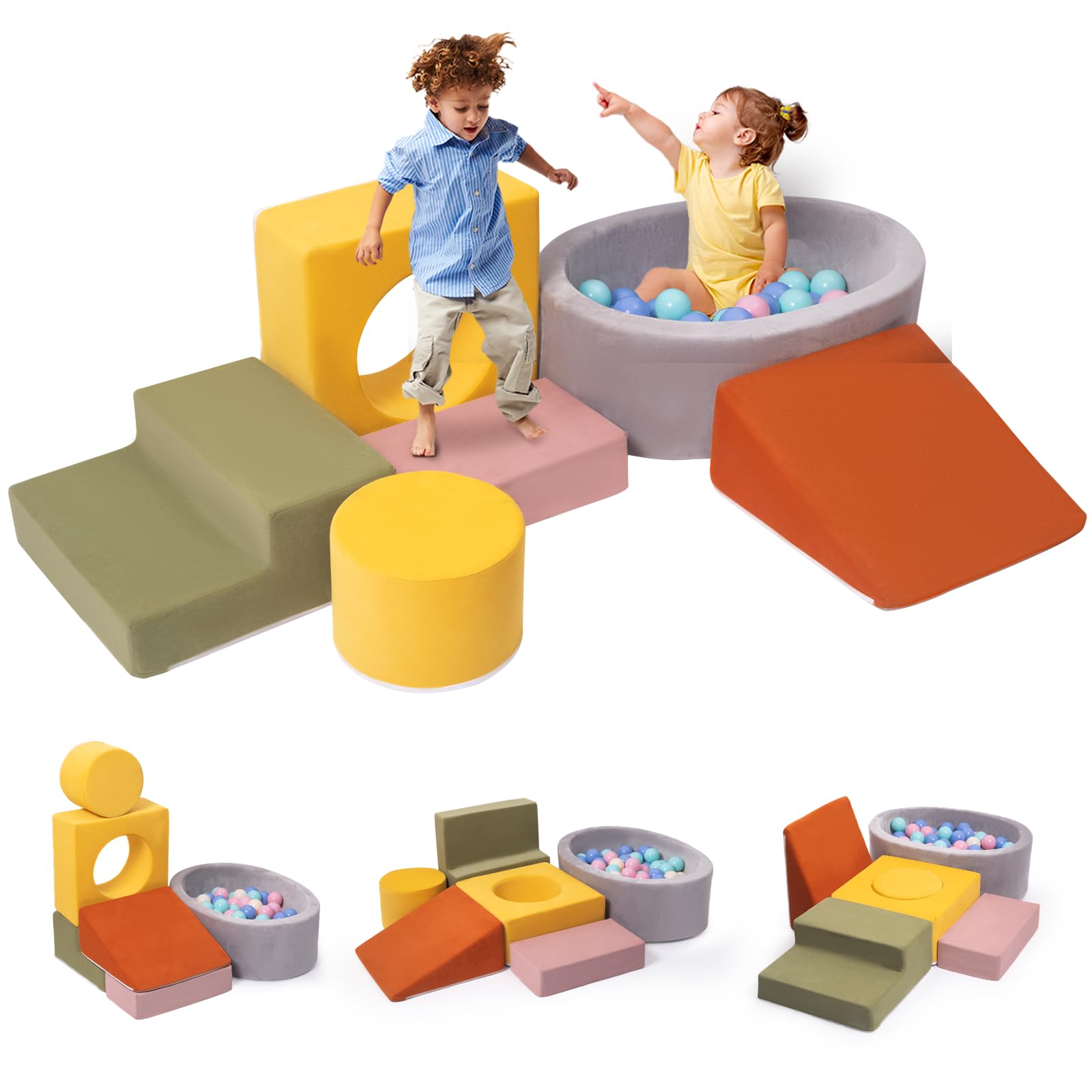 Photo 1 of *BALLS NOT INCLUDED** Rinnebbit 6-Piece Foam Climbing Blocks for Toddlers, Climb and Crawl Soft Play Set, Machine Washable Cover, Indoor Activity Play Structure, Climbing Toys for Toddlers 1-3 (Multi-Color, w/Ball Pit)