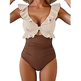 Aidonger Women's One Piece Swimsuit Tummy Control Ruffle Bathing Suit V Neck Ruched Swim Suit Slimming Cutout Swimwear