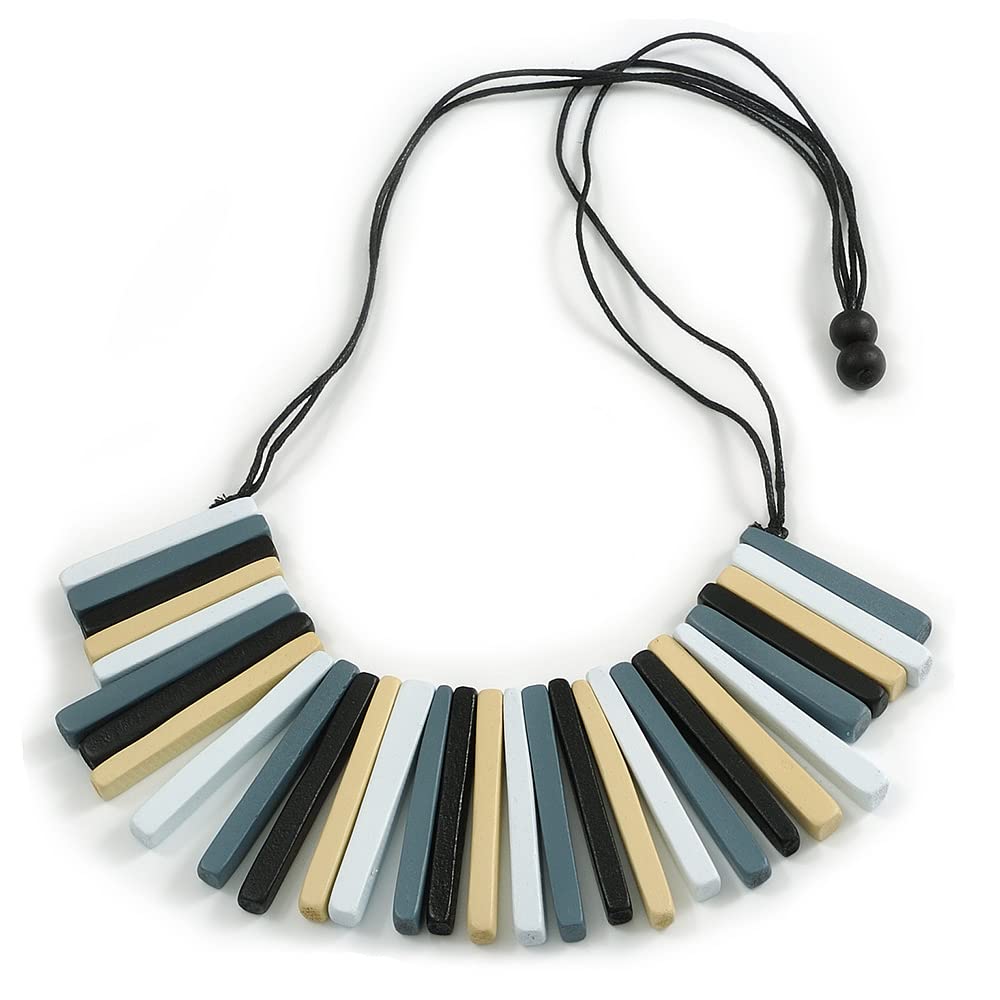 Avalaya Statement Grey/Lemon Yellow/White/Black Wood Bead Fringe Necklace with Black Cotton Cords/ 74cm L