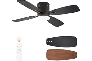 LEDIARY 42 inch Ceiling Fans with Lights and Remote Control,Flush Mount Ceiling Fan with Quiet Reversible DC Motor,Black Modern Low Profile Ceiling Fan with Light for Bedroom Living Room Patio