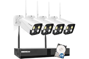 3MP Wireless Security Camera System, 4 Cameras, 8CH 5MP NVR, WESECUU Home Security Camera System with Hard Drive 1TB, AI Human Detection, Floodlight, Color Night Vision, Audio, Outdoor, Indoor