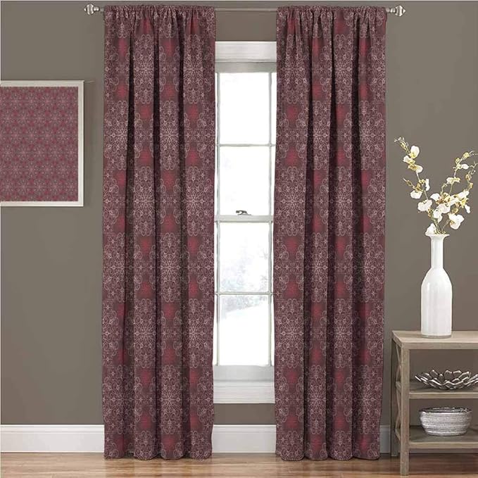 Mademai Maroon Bedroom Curtains Detailed Ornate Flowers Curves Swirls ...