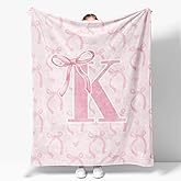 JKMBN Coquette Pink Bow Throw Blanket,Personalized Initial K Soft Fluffy Cozy Flannel Blanket,Monogrammed Gifts for Daughter Women Teen Girls,Customized Blanket for Bedding Bedroom Office,50x60 Inches