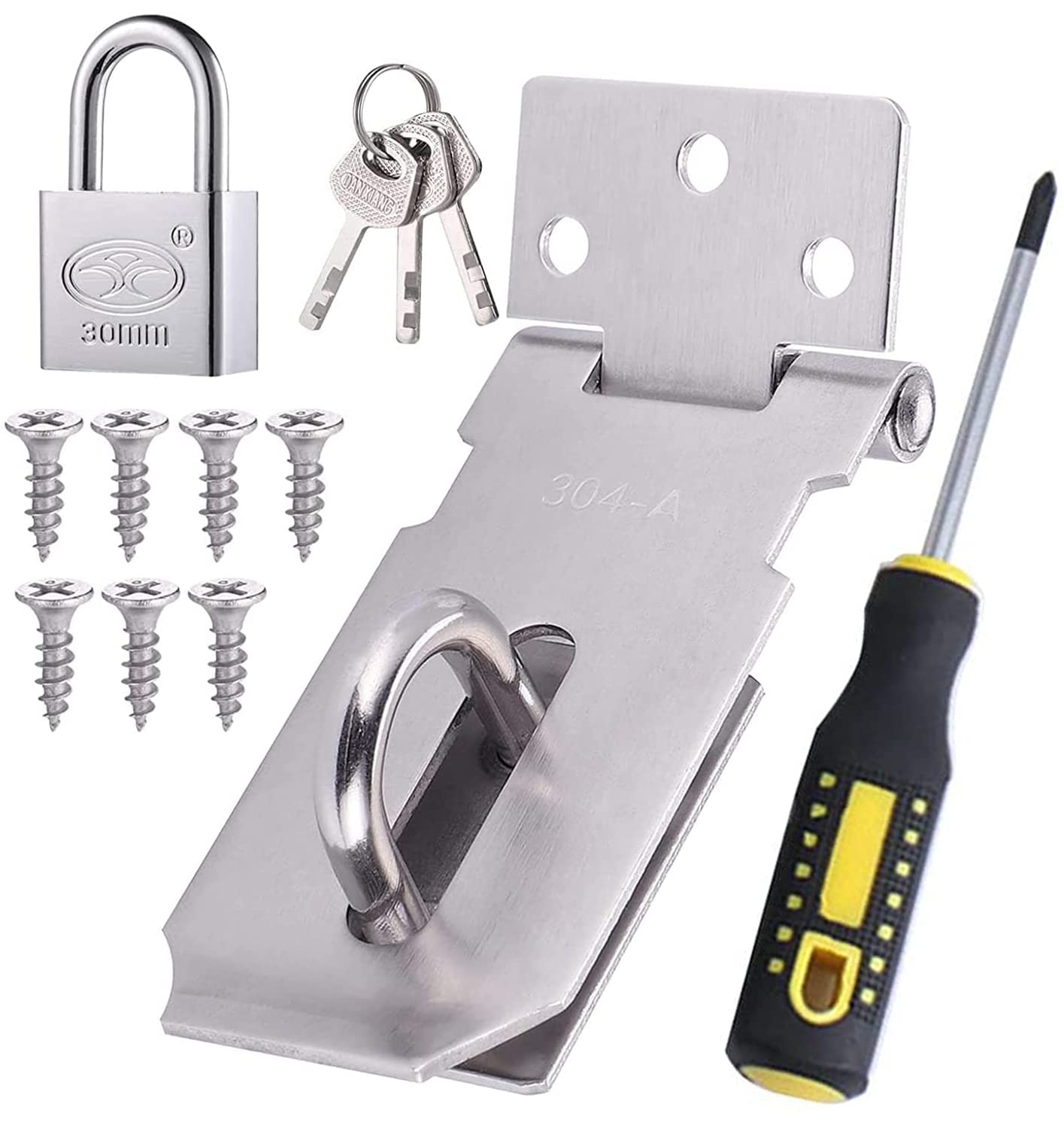 Lock for Door,Door Latch Hasp Garden Gate Lock with Door Padlock and Screws, Stainless Steel Shed Door Lock Gate Latch for Garden Gate, Shed Lock for Bedroom Bathroom Door Cabinet Pet Cage