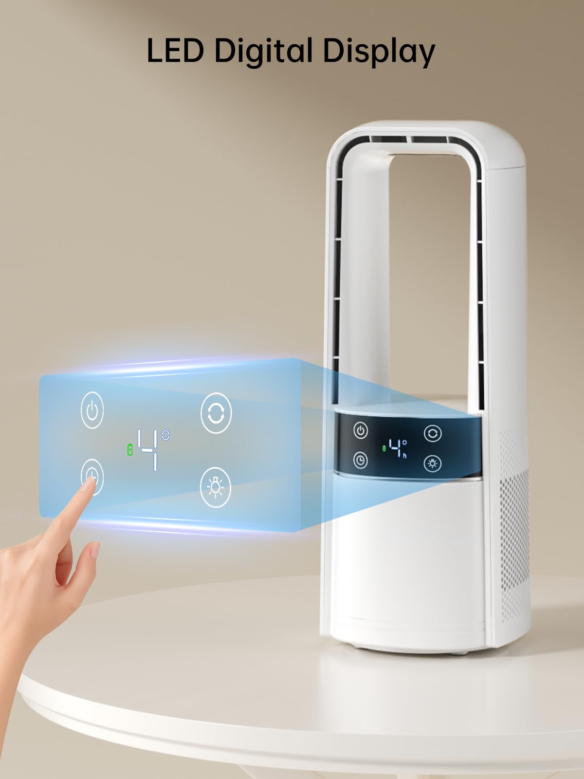 Desk Fan Bladeless, 120° Oscillating Fan Rechargeable, Quiet Fan with Night Light, Smart LED Touch Control, 4 Speed & 9H Timer, Small Table Fan, Auto Display Off, Ideal for Home, Office, Study Room