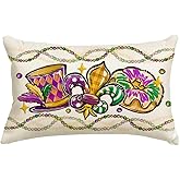 RABUSOFA Mardi Gras Pillow Cover 12x20 Inch Masquerade Fleur De Lis Carnival Donuts Beads Decorative Pillow Case Holiday Decorations for Home Sofa Couch