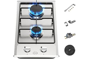 HOBSIR HOB Hobsir 2 Burner Propane Gas Cooktop, 12 Inches Stainless Steel Built-in Gas Stove Top for LPG NG Dual Fuel, 2 Burner Natural Gas/Propane Cooktop with Flame-out Protection for Apartmen, Kitchen 110V