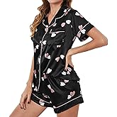 ICNGLKSND Women Satin Heart Short Pajama Set 2PCS Lounge Lingerie with Chest Pocket Button Up Nightshirt Baggy Bottom Shorts