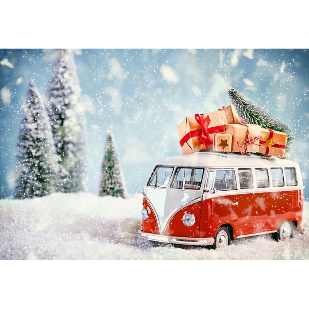 Aoihrraan 10x6,5ft Winter Christmas Backdrop Winter Forest Heavy Snow Wonderland Red Retro Bus Xmas Gifts Heavy Snow Photography Background New Year Party Decoration Kids Adults Portrait Photo Props