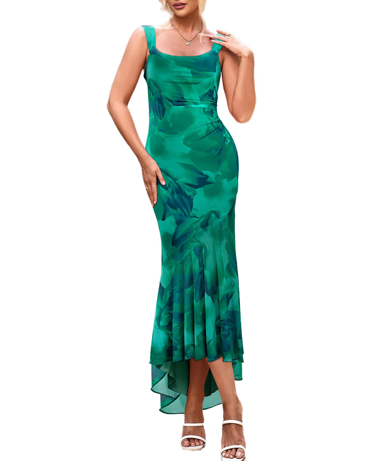 Photo 1 of Lrady Women's Sleeveless Ruffle Cocktail Party Maxi Bodycon Vacation Dresses Long Formal Wedding Guest Dress, Floral Print Green, Large