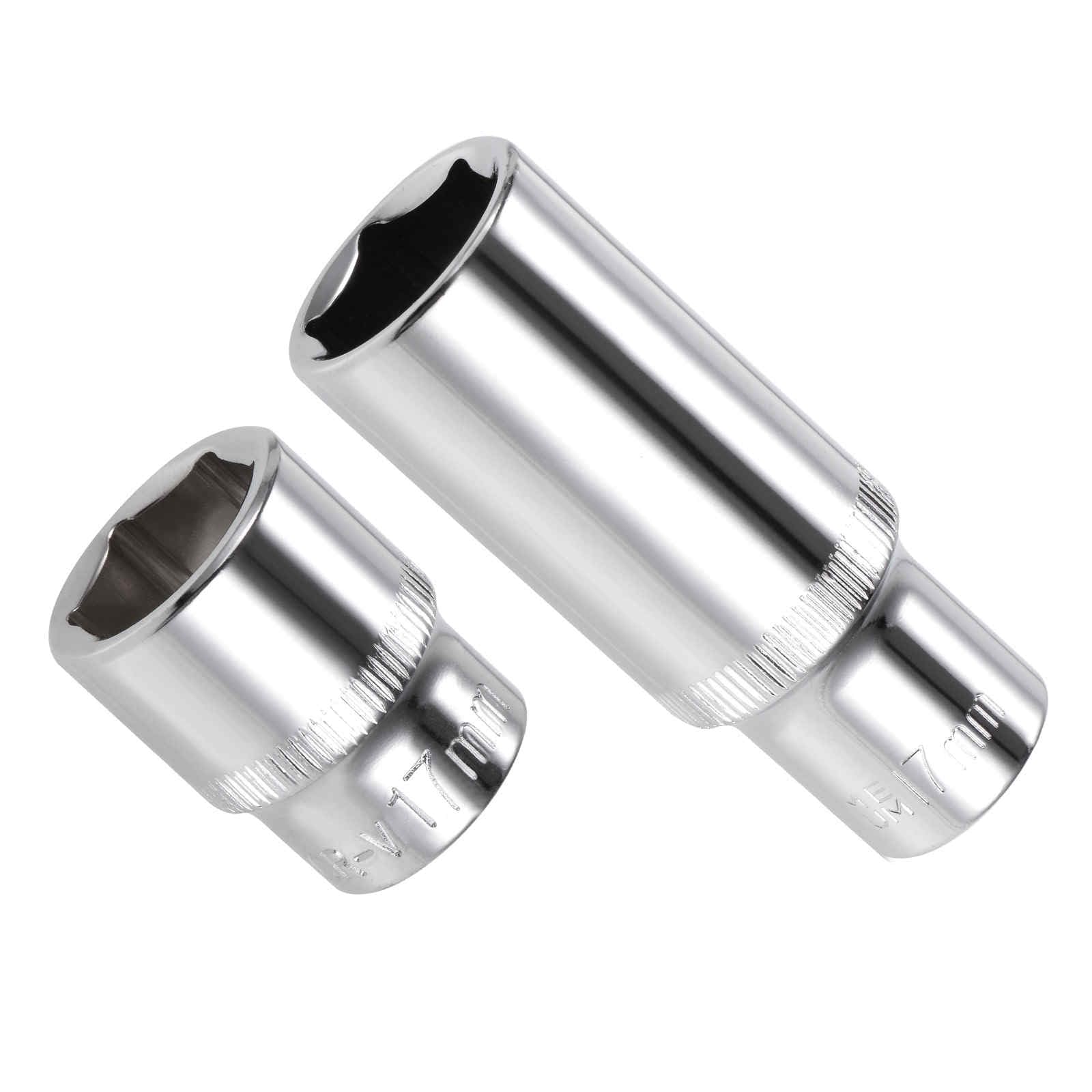 CoCud 6-Point Socket, 3/8" Drive 17mm Deep, Polished Chromed CR-V Metric Deep and Shallow Impact Socket - (Applications: for Ratchet Torque Electric Wrenches Car Repair), 2-Pieces