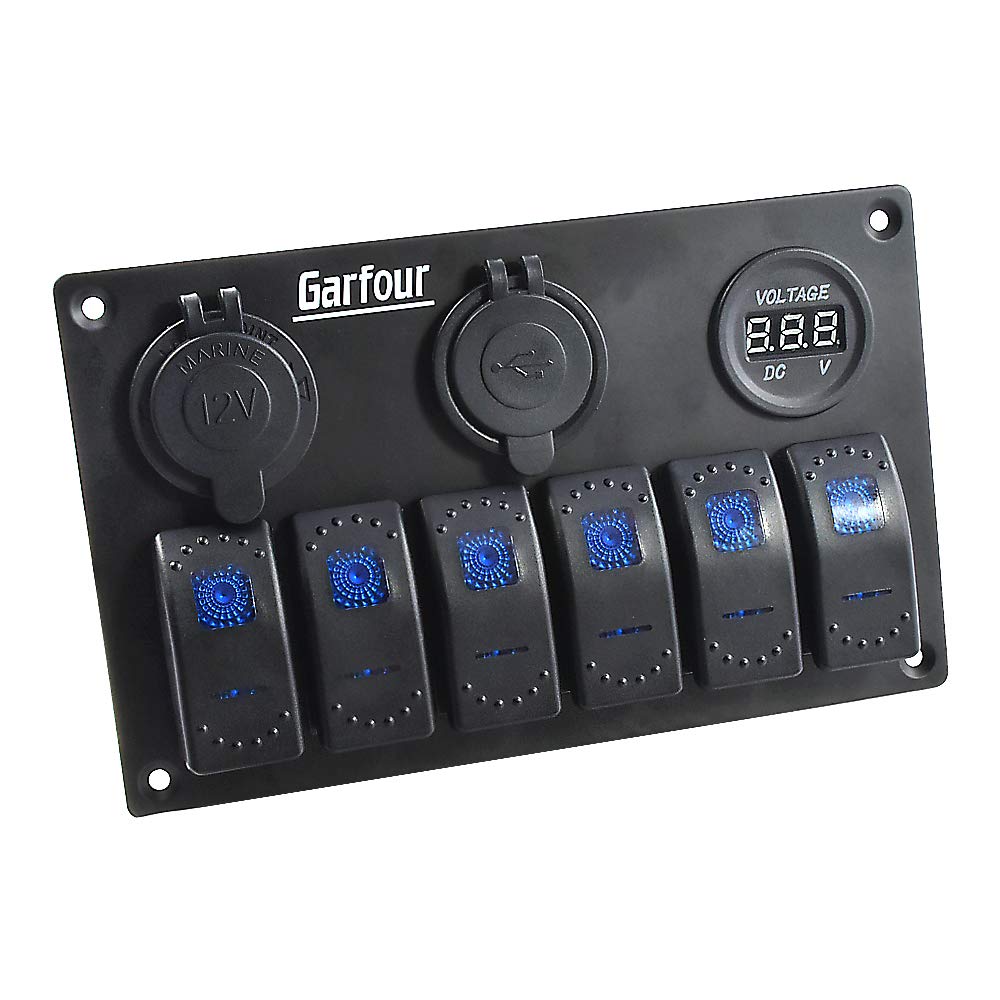 Garfour6 Gang Marine Boat Rocker Switch Panel, 12V Waterproof RV Led Switch Panel for Car Truck Marine Boat, Digital Voltmeter Display Dual USB Charger Port DC 12 Volt Socket 12/24V Blue Lighted: Industrial & Scientific