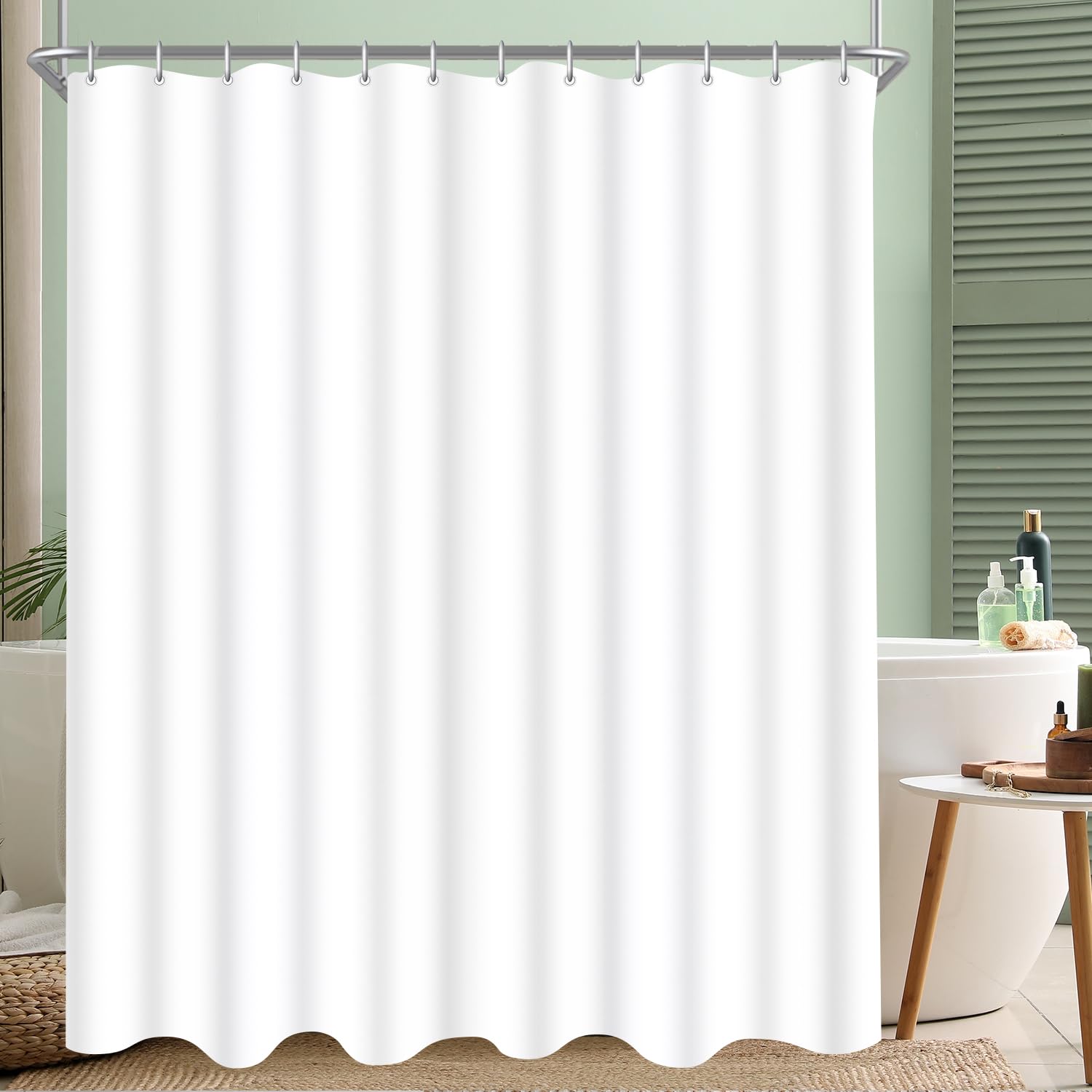 Lerores Shower Curtain, 150 x 200 cm, Pure White, Weighted Hem, Anti-Mould Textile, Water-Repellent, Washable Polyester Fabric Bath Curtains for Bathroom, Bathtub with 12 Shower Curtain Rings