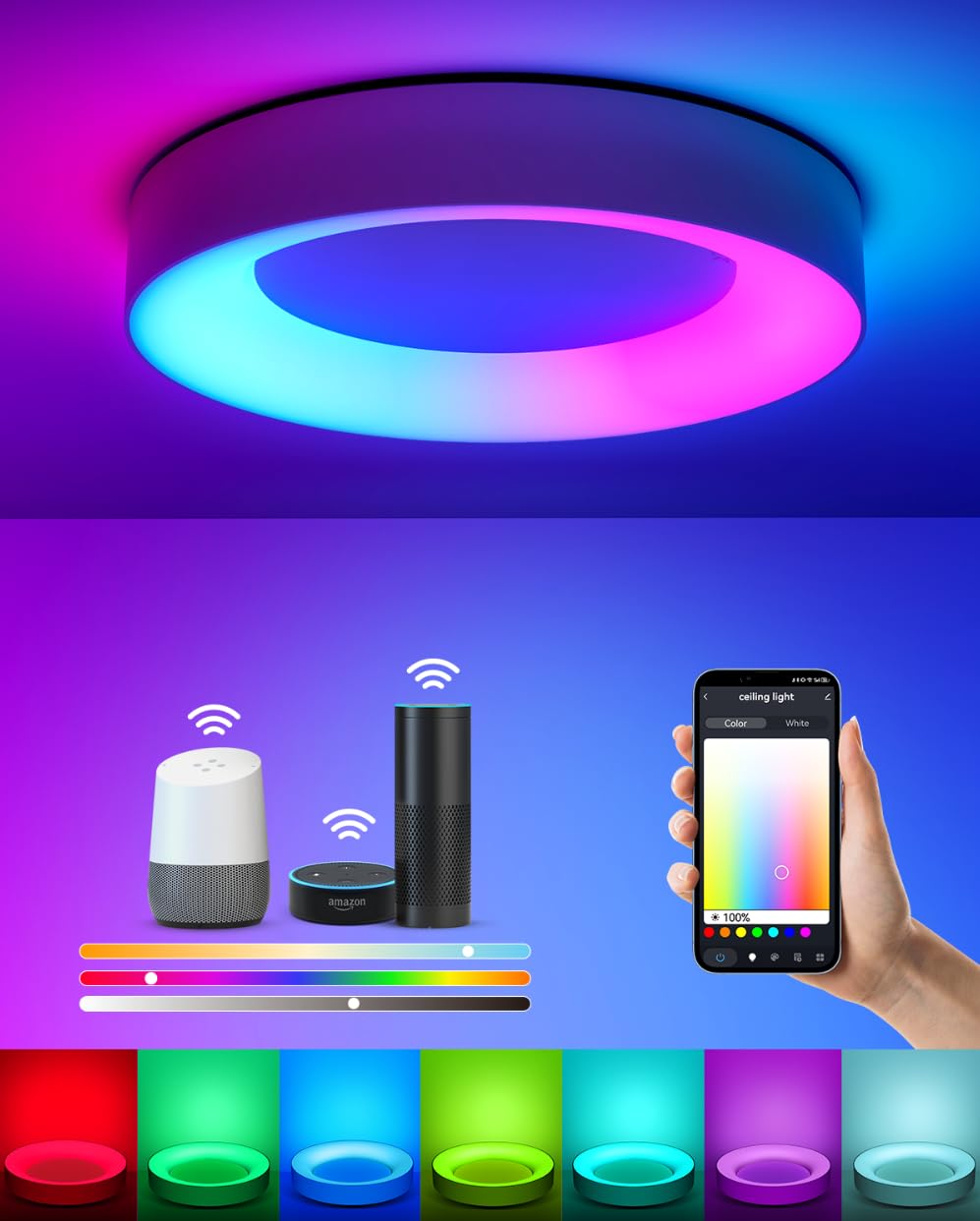 Photo 1 of Annaror Smart Ceiling Light WiFi, RGB LED Ceiling Light Fixture, 2400LM Flush Mount Lighting Fixture, Works with Alexa Google, 3000K-6500K Low Profile Ceiling Lights for Bedroom, Living Room, 11in